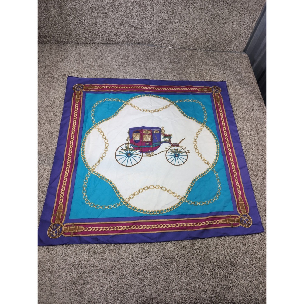 Vintage Style Equestrian Carriage Chain Print Square Scarf Purple Blue 31x31